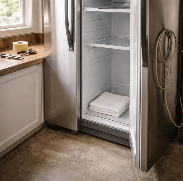 Cardboard boxes beside unplugged refrigerator with coiled cord