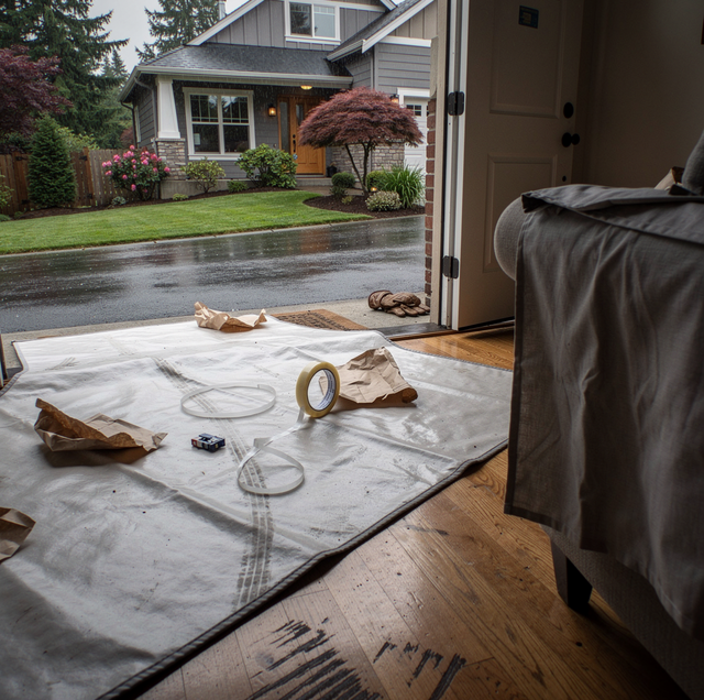 moving crew carrying couch past hallway corner