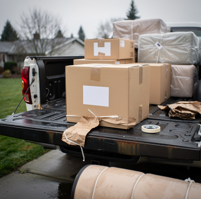 Cardboard boxes with white labels and packing tape loaded in a truck bed in a residential driveway.