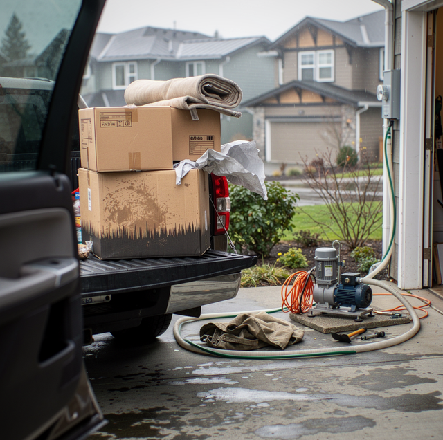 Cardboard boxes and packing materials sit on a driveway next to a moving truck in front of a two-story house.