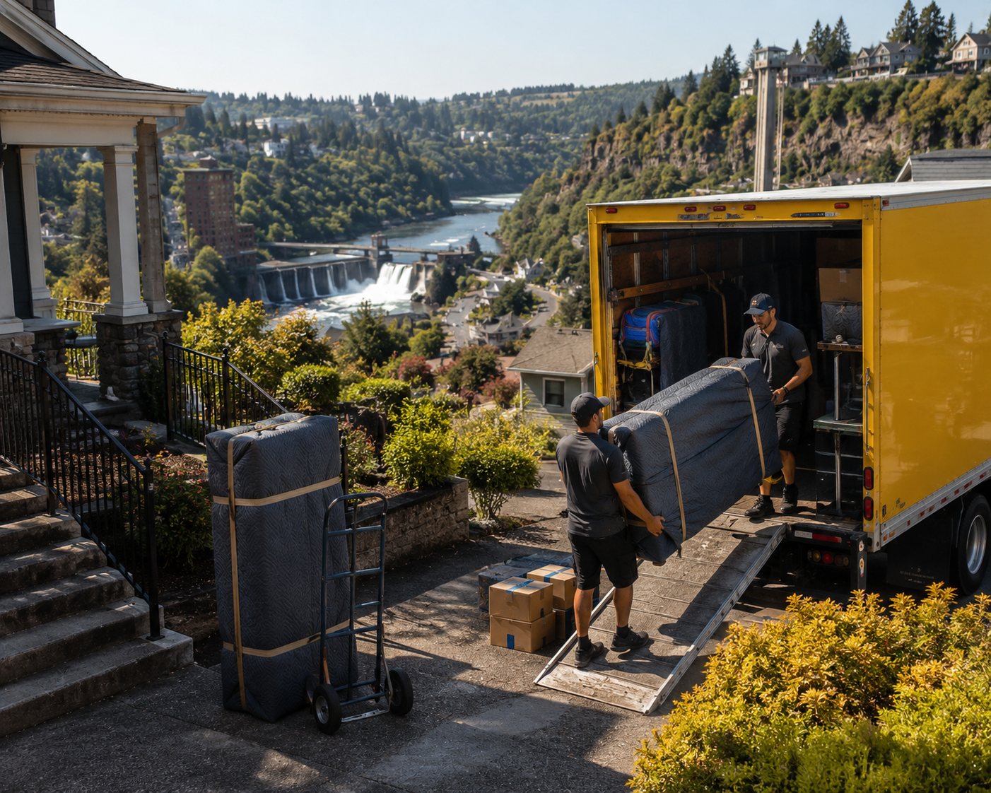 Two movers unload furniture from a yellow moving truck onto a driveway with a scenic view of a river, dam, and hills in the background.