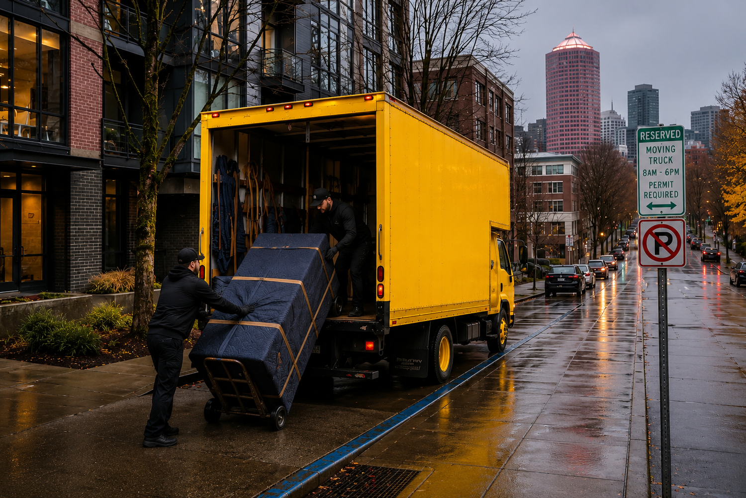 Mover rolling padded furniture to a yellow truck on a rainy downtown Portland street, apartment move in Portland