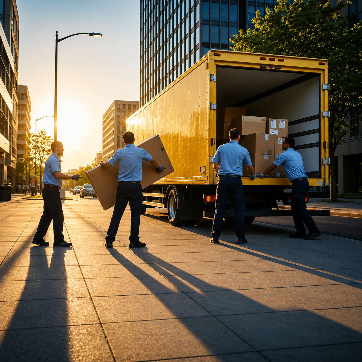 Four workers in blue uniforms unloading boxes from a yellow delivery truck on a city street at sunset.