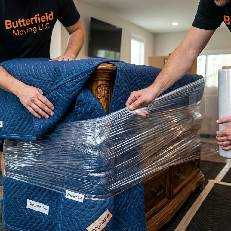 Two movers from Butterfield Moving LLC wrapping a blue quilted mattress in plastic wrap in a bedroom.