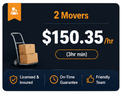 Advertisement for moving services offering 2 movers at $150.35 per hour with a 3-hour minimum, featuring icons for insured service, on-time guarantee, and friendly team.