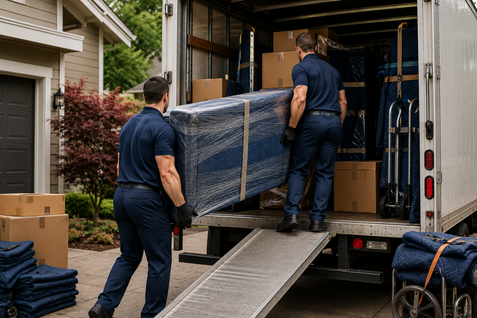 Two movers loading a large mattress into a moving truck parked outside a house.