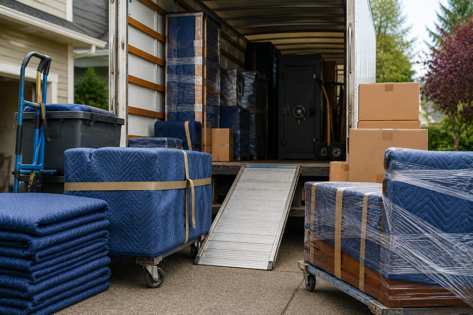 Uhaul truck filled with furniture items wrapped in blue and plastic, moving boxes, and a hand truck, parked outdoors.