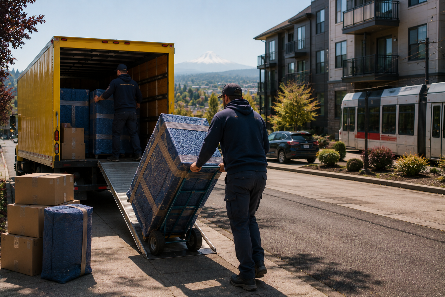 Two movers unload mattresses and boxes from a yellow moving truck onto a city street with modern apartment buildings, a streetcar, parked cars, and Mount Hood in the background.