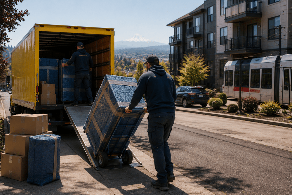 Mover wheeling padded furniture to a truck outside an apartment building, apartment move in Portland