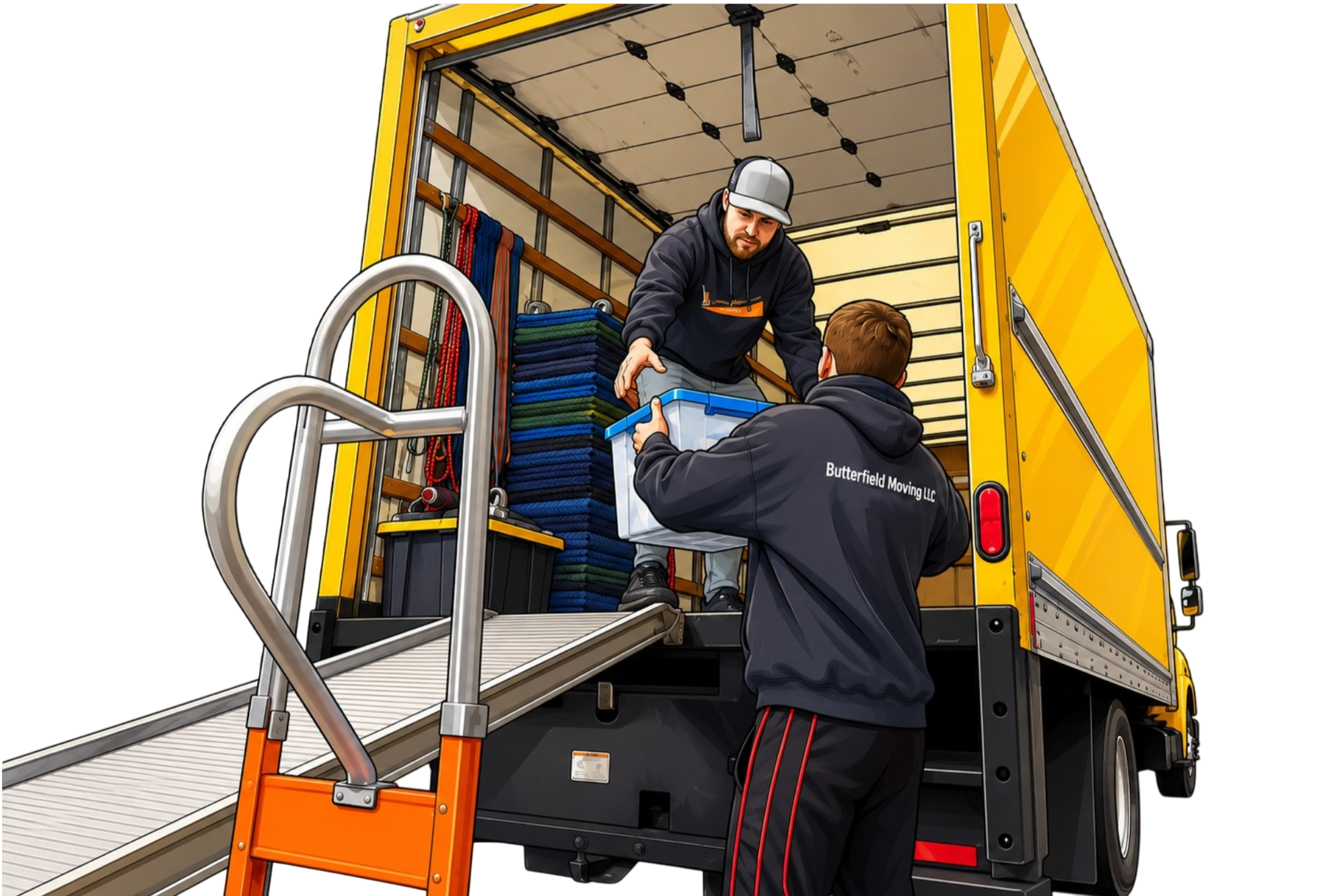 Two men are loading or unloading supplies onto a yellow moving truck. One man is handing a plastic container to the other, who is standing inside the truck. The truck has organized shelves with ropes and other moving equipment.