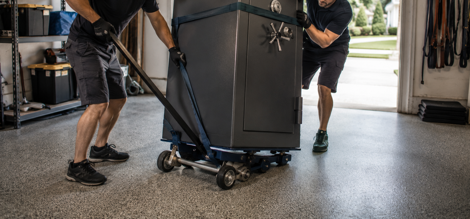 Two men are moving a large, safe-like metal cabinet using a dolly with straps inside a garage.