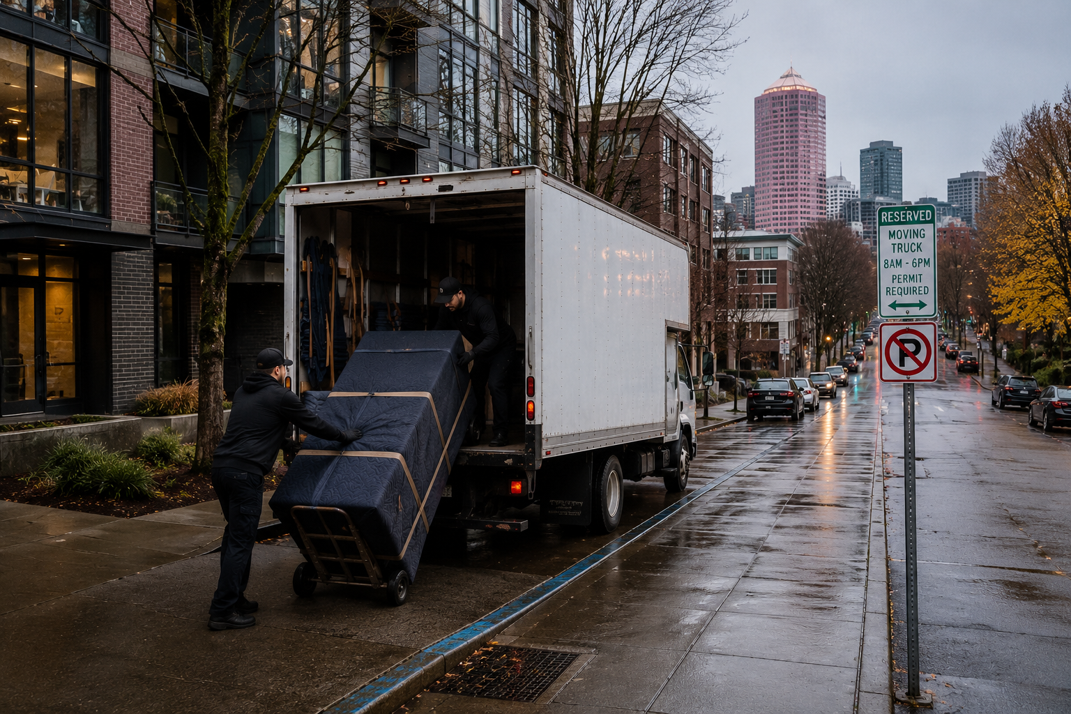 Two workers loading furniture from a moving truck on a city street, with wet pavement and city buildings in the background.