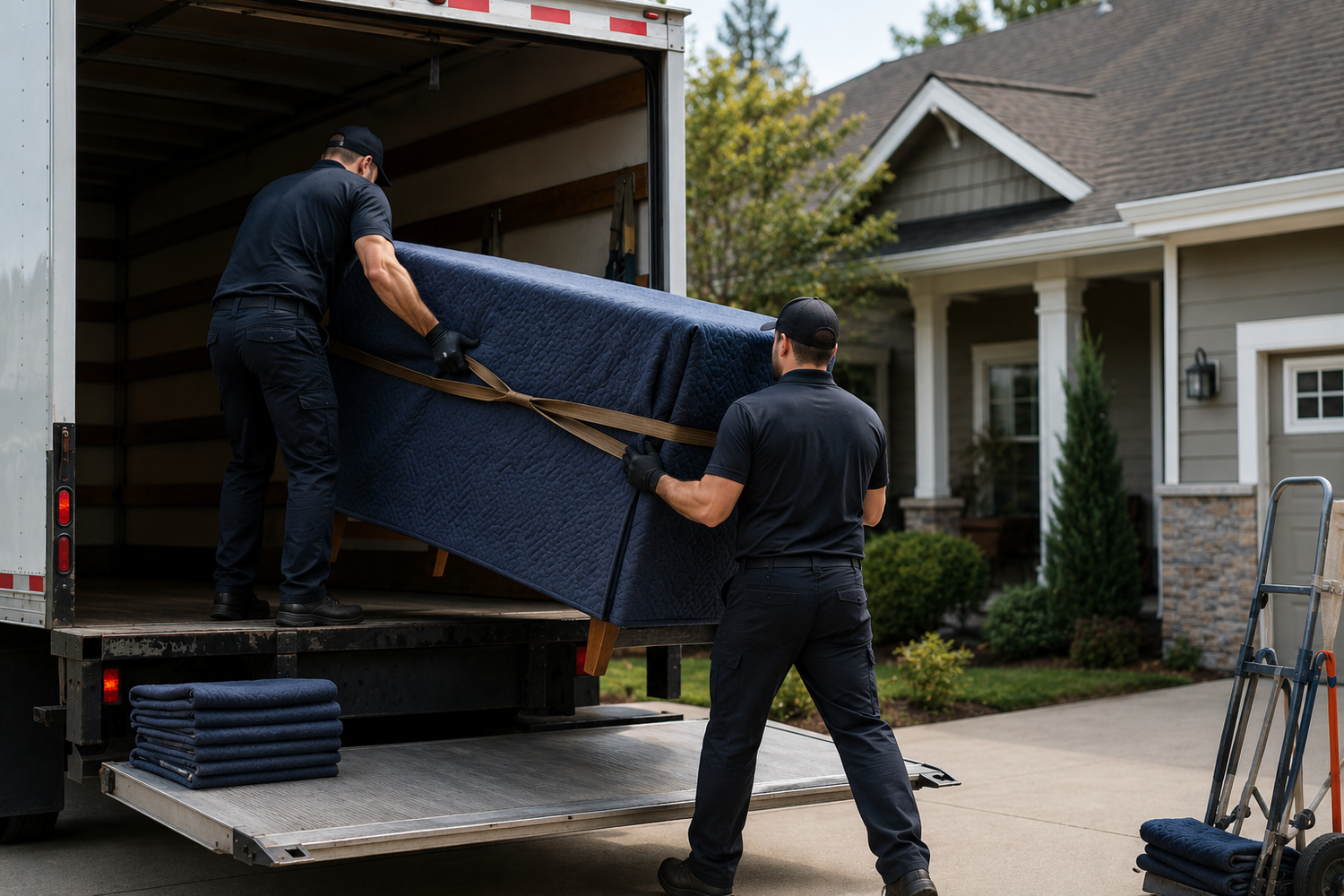 Two movers lifting a padded sofa into the truck outside a craftsman house, move in Milwaukie