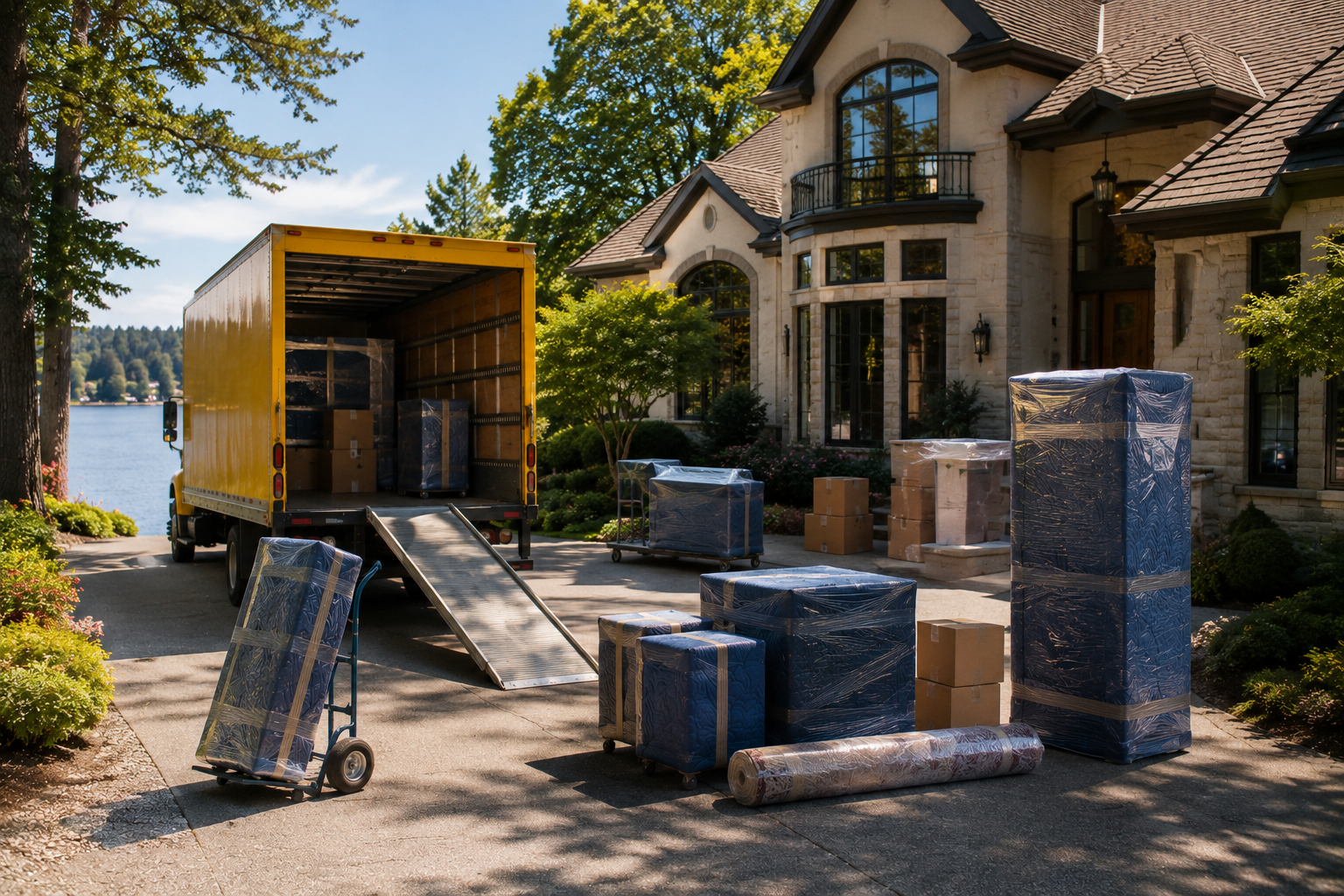 Moving truck parked in front of a large house with furniture and boxes being unloaded or packed.