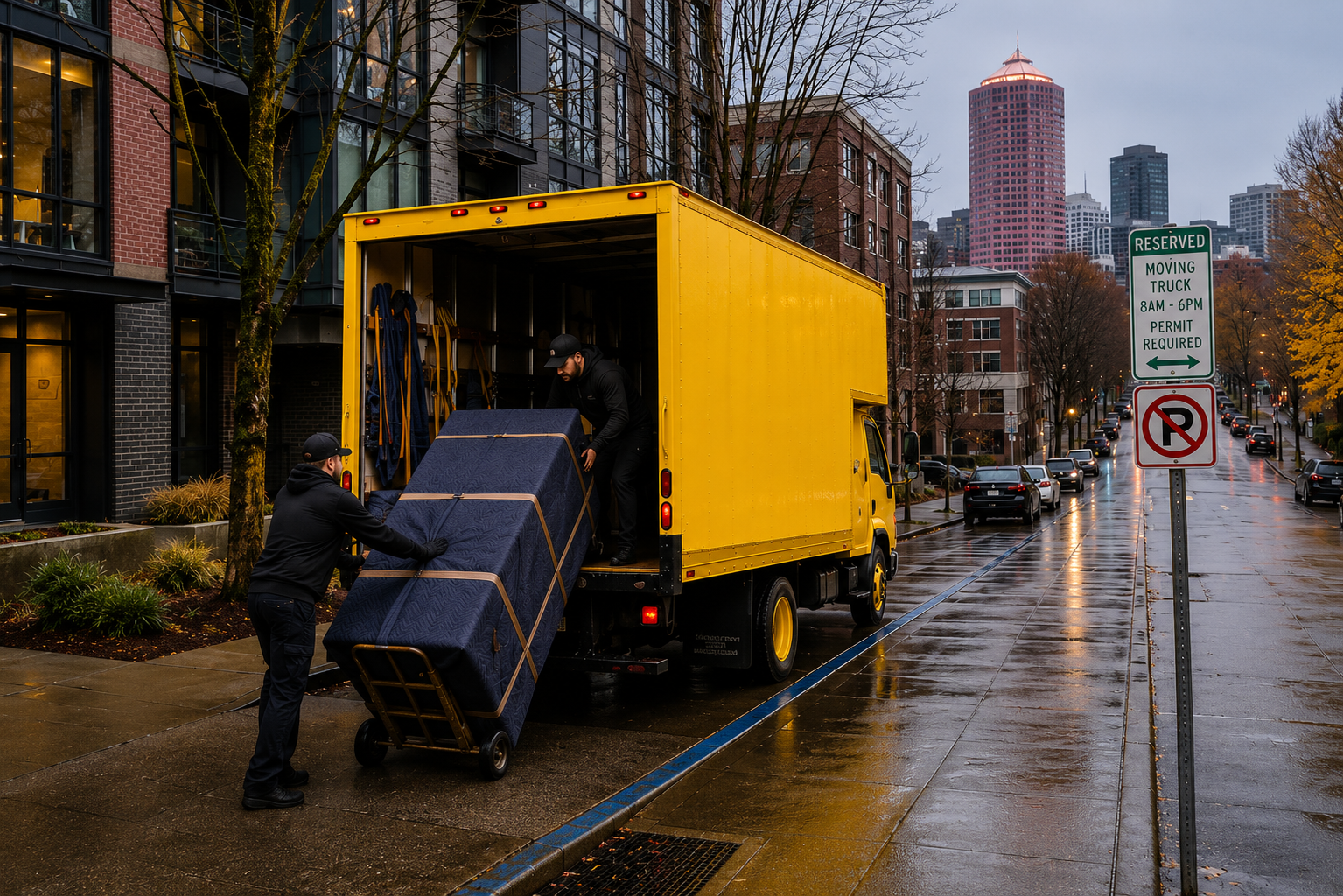 Two movers unload a large piece of furniture from a yellow moving truck parked on a city street on a rainy day. One mover is pushing a hand truck with the furniture, while the other stands inside the truck.