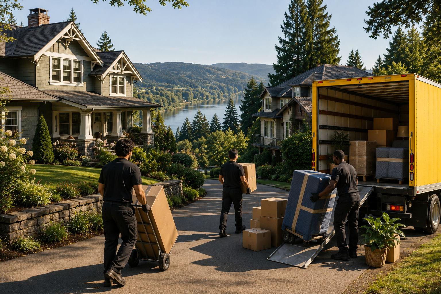 People unloading moving boxes from a yellow moving truck in front of a large house with a scenic view of a lake and mountains in the background.