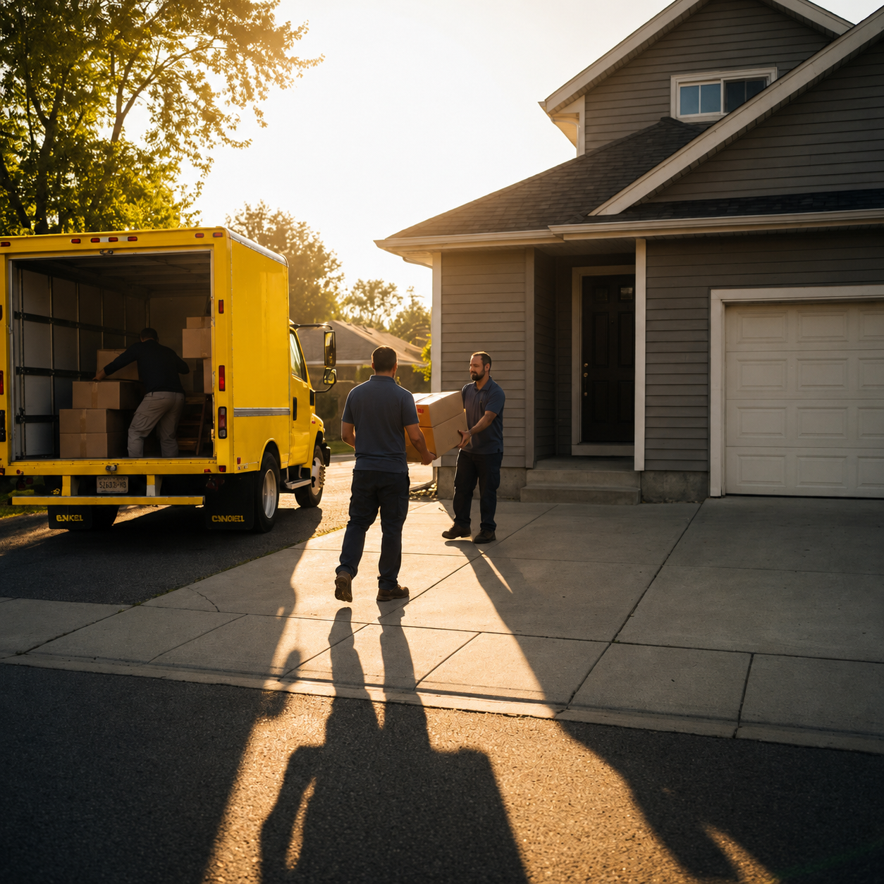 Two men unload a cardboard box from a yellow moving truck parked in front of a residential house during sunset, with another person inside the truck.
