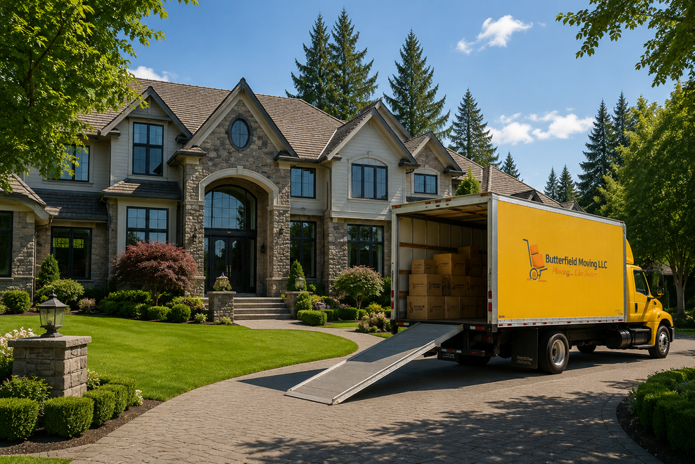 Stone two-story house with a moving truck and ramp in the driveway, move in Keizer