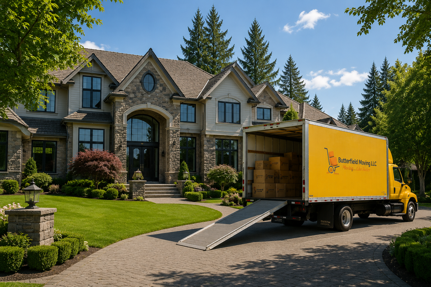 Stone two-story house with a moving truck and ramp in the driveway, move in Sherwood