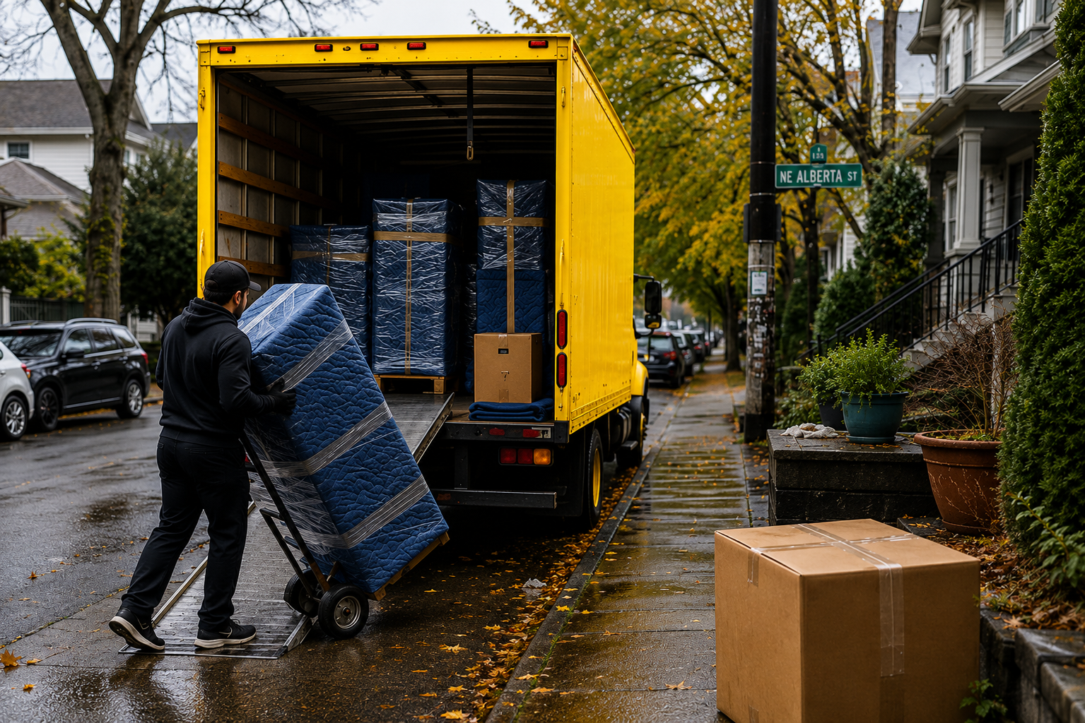A man loading a moving truck with blue mattresses on a rainy day in an urban neighborhood.