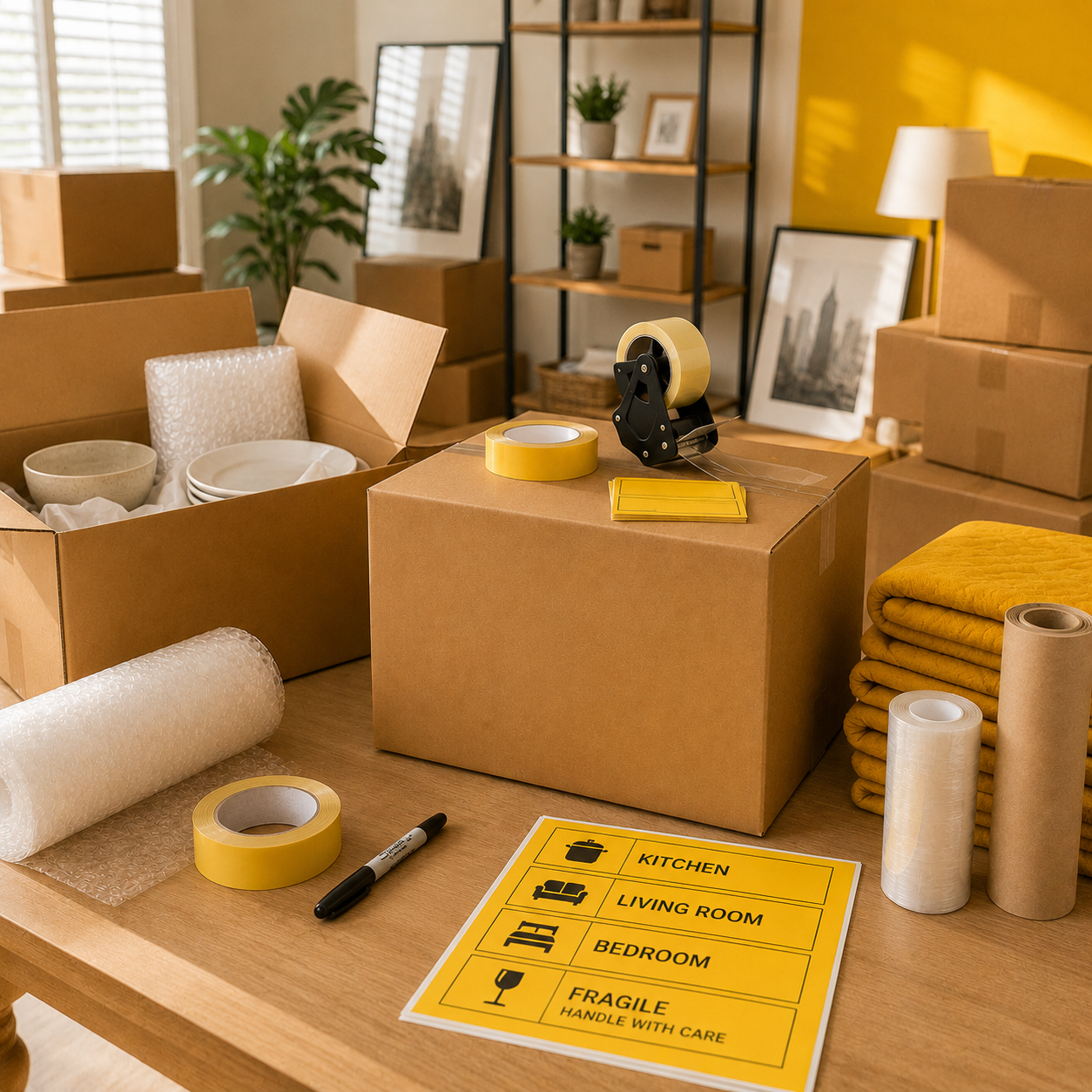 Packing station with boxes, tape and room labels, packing job in Beaverton