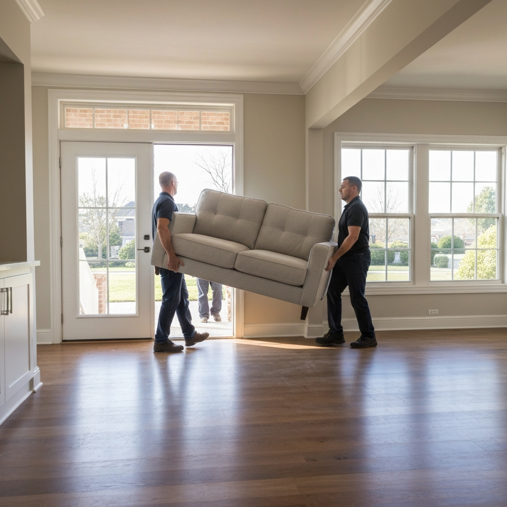 Two men moving a light gray sofa into a house through a glass door, with sunlight streaming in and a suburban neighborhood visible outside.