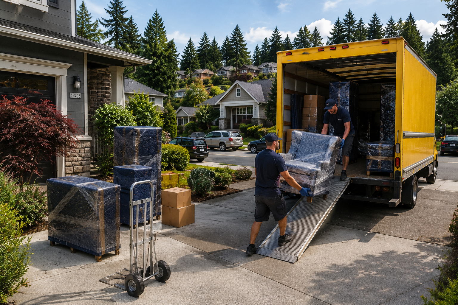 Moving truck parked outside a suburban house with two men loading furniture wrapped in plastic onto a ramp.