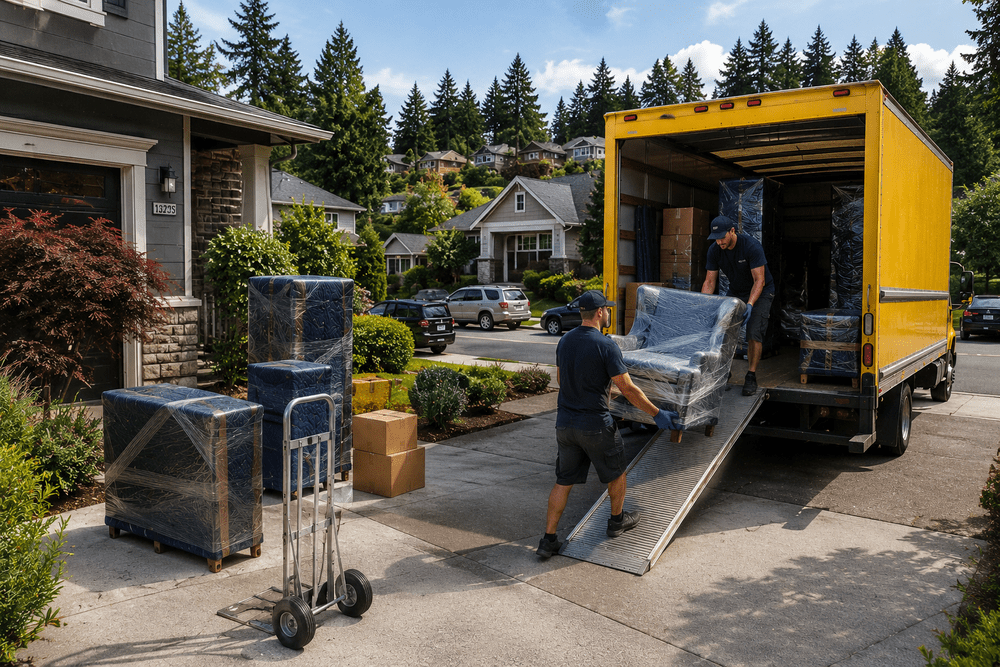 Mover rolling a dolly down a ramp in a hillside neighborhood, move in Sandy