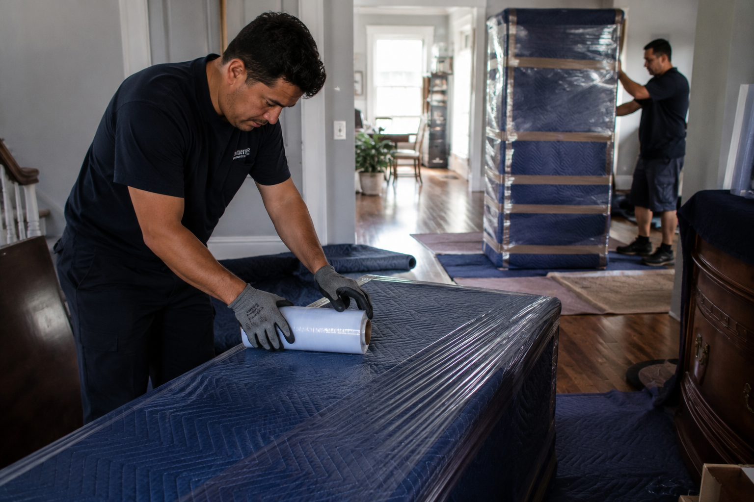 Two workers are wrapping furniture with plastic film in a home interior, one in the foreground and the other in the background.