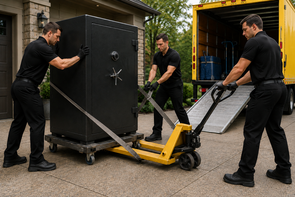 Crew moving a safe with a pallet jack onto a truck ramp, office relocation in Salem