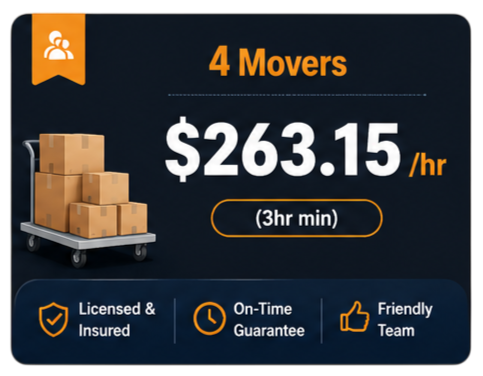 Advertisement for 4 movers with a rate of $263.15 per hour, minimum 3 hours, featuring icons for licensed and insured, on-time guarantee, and friendly team.