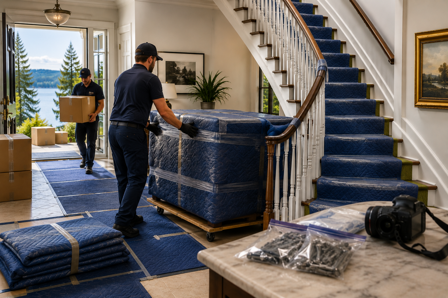 Two movers unload a large blue mattress covered with plastic, onto a wooden dolly inside a house. One mover is inside near the staircase, and the other is outside by the front door, carrying a cardboard box. The house has a view of trees and water outside. There are packed boxes and a camera on the counter.