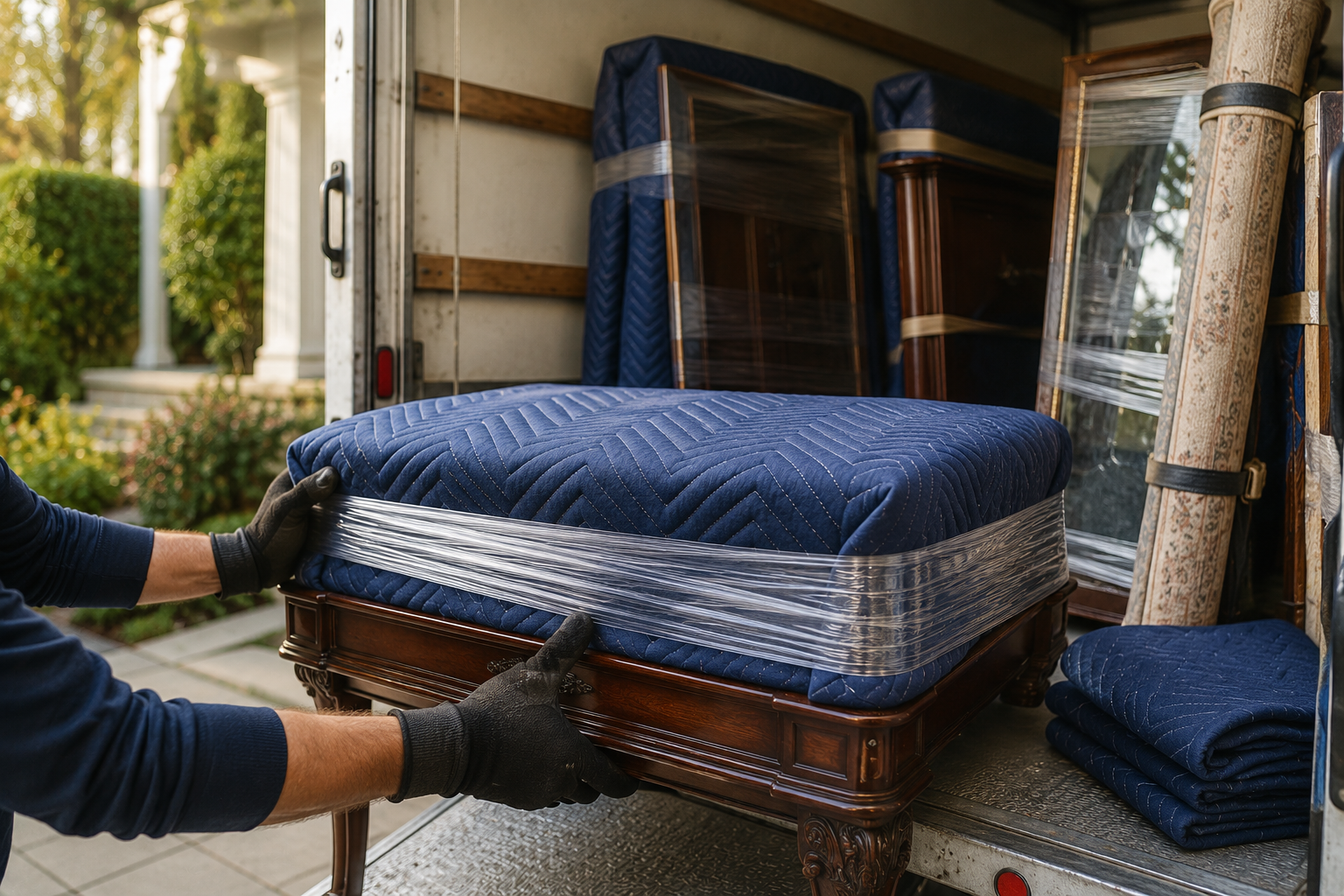 A person wearing black gloves secures a large blue mattress with plastic wrap on a wooden bed frame inside a moving truck.