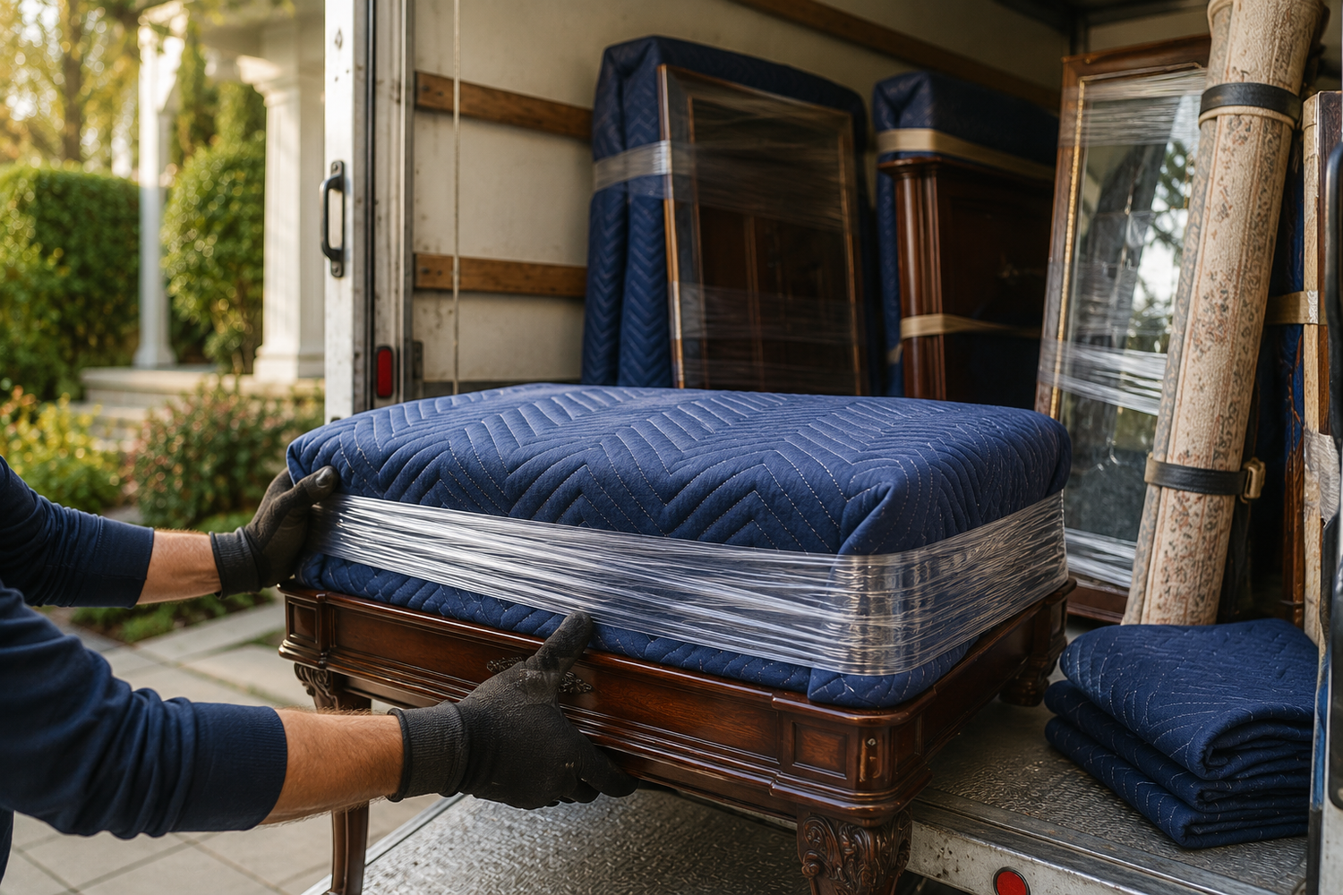 Padded and wrapped sofa inside the moving truck, senior move in Tualatin