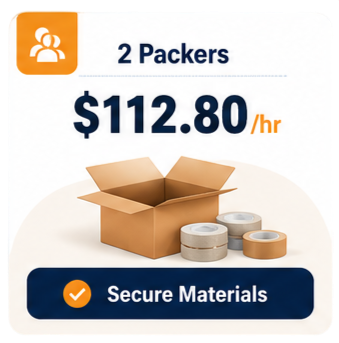 Sign displaying pay rate of $112.80 per hour for 2 packers, with an open cardboard box and packing tape rolls, and a 'Secure Materials' checkmark.