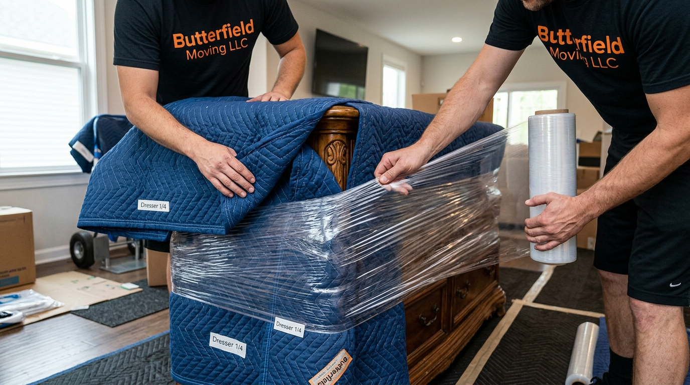 Two men wearing black t-shirts with orange text are wrapping a blue quilted dresser in clear plastic wrap in a bright residential room.