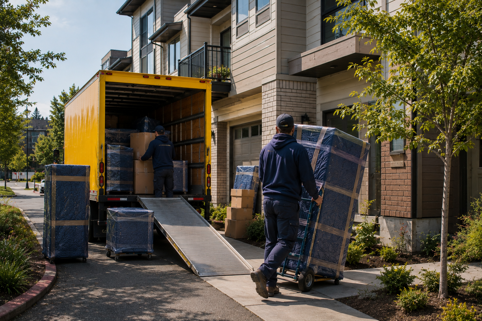 Two movers unload furniture and boxes from a yellow moving truck in front of a residential apartment building on a sunny day.