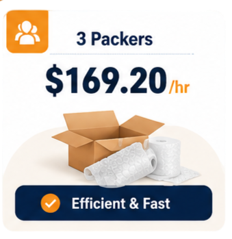 Advertisement for 3 Packers at $169.20 per hour, showing cardboard boxes, packing paper rolls, and a white foam sheet.