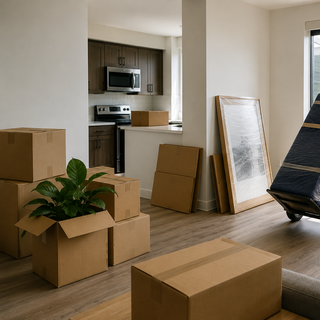 Moving boxes and a potted plant in a living room near a kitchen with brown cabinets, a microwave, and a stove. There is a large framed picture leaning against the wall and a shipping dolly with a large black item wrapped in plastic.