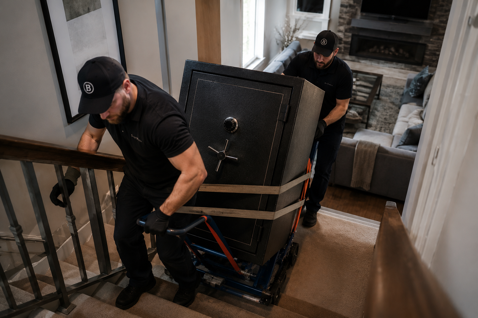 Two movers transporting a large black safe up a staircase in a house.