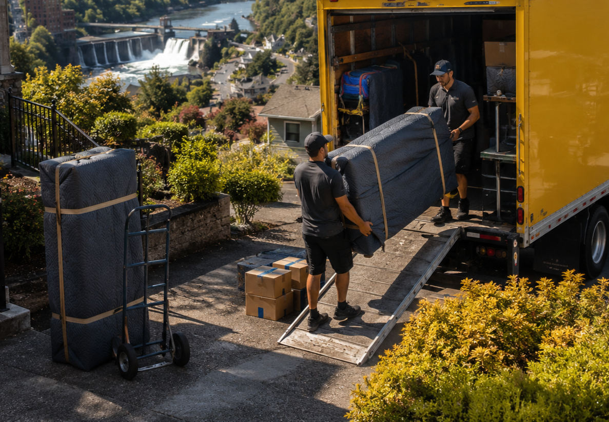 Two movers are loading furniture and boxes into a yellow moving truck on a residential street with a view of a waterfall and bridge in the background.