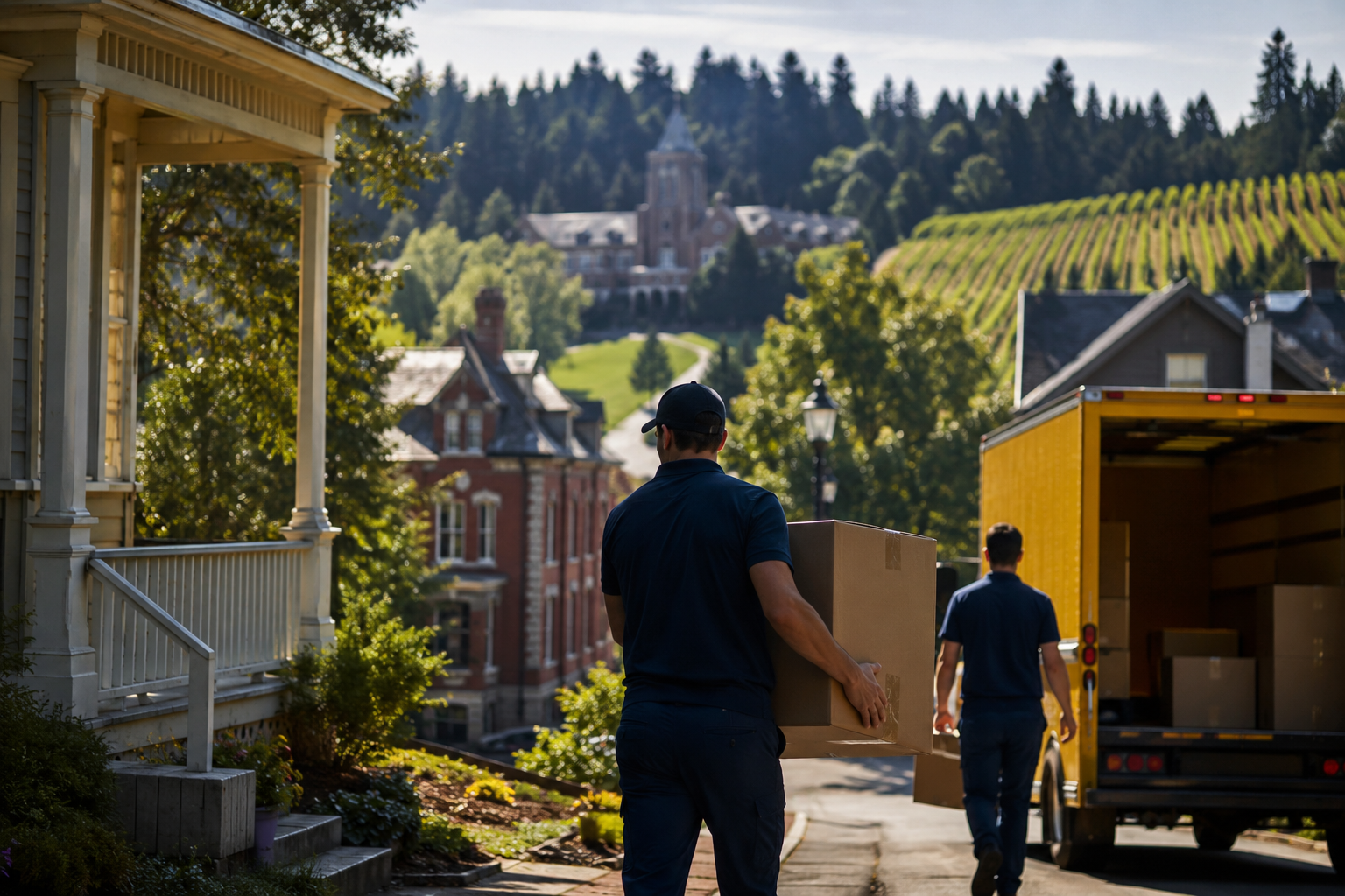 Two movers unload boxes from a yellow moving truck on a residential street with historic houses and a hillside with vineyards in the background.