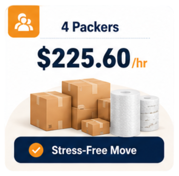 Advertisement for 4 Packers moving service, charging $225.60 per hour, featuring cardboard boxes and rolls of packing paper, with a stress-free move label.