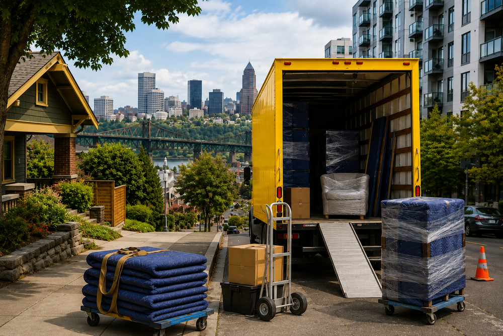 Loaded truck with ramp and moving blankets above the Portland skyline, move in St. Johns, Portland
