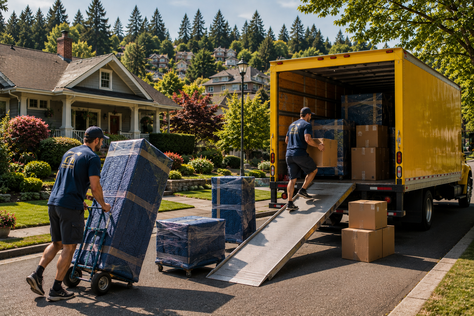 Movers loading boxes and furniture into a yellow moving truck parked on a residential street with a house, trees, and hills in the background.
