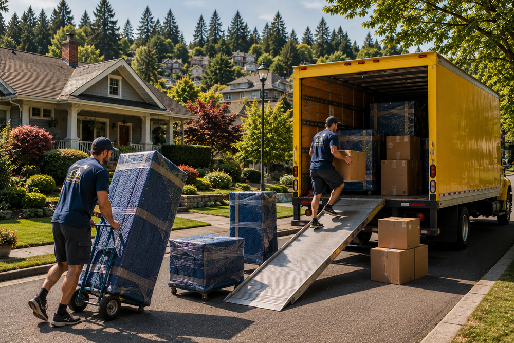 Movers wheeling padded furniture up a ramp on a craftsman street, move in Sandy