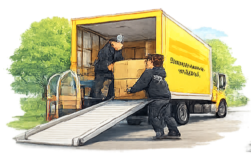 Two movers unloading a yellow moving truck with a loading ramp, surrounded by greenery.