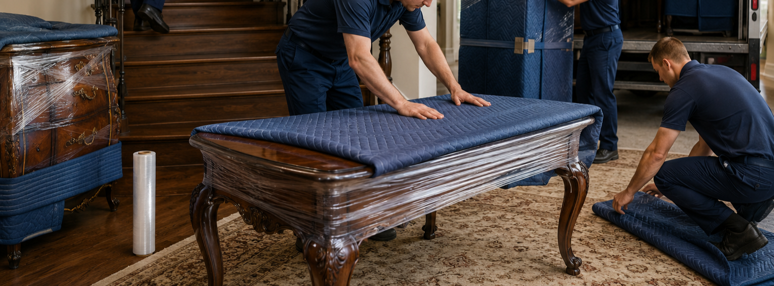 Four workers wrapping a wooden table with blue padding and plastic wrap in an indoor furniture store.