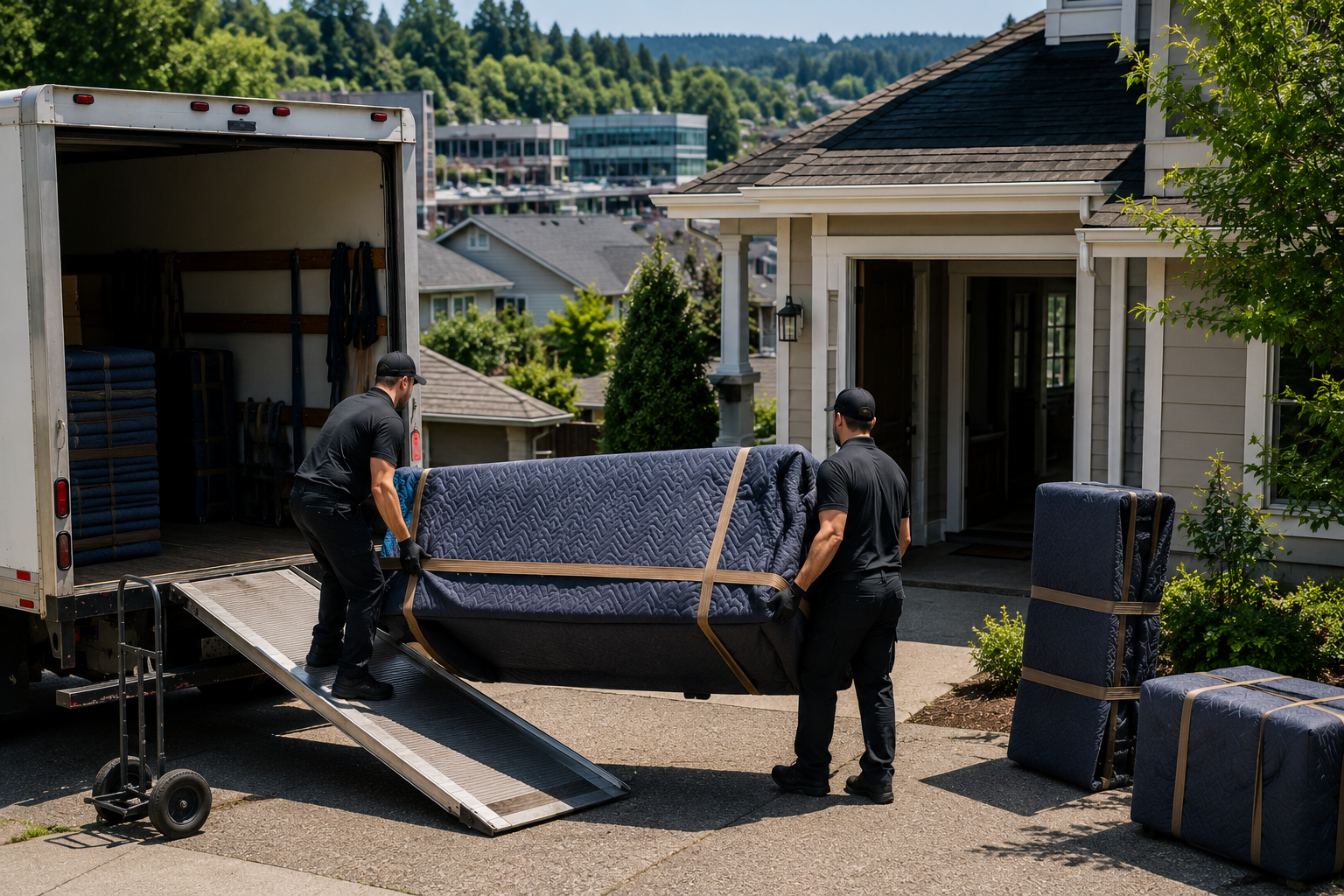 Two movers unloading a mattress from a truck in front of a house on a sunny day.