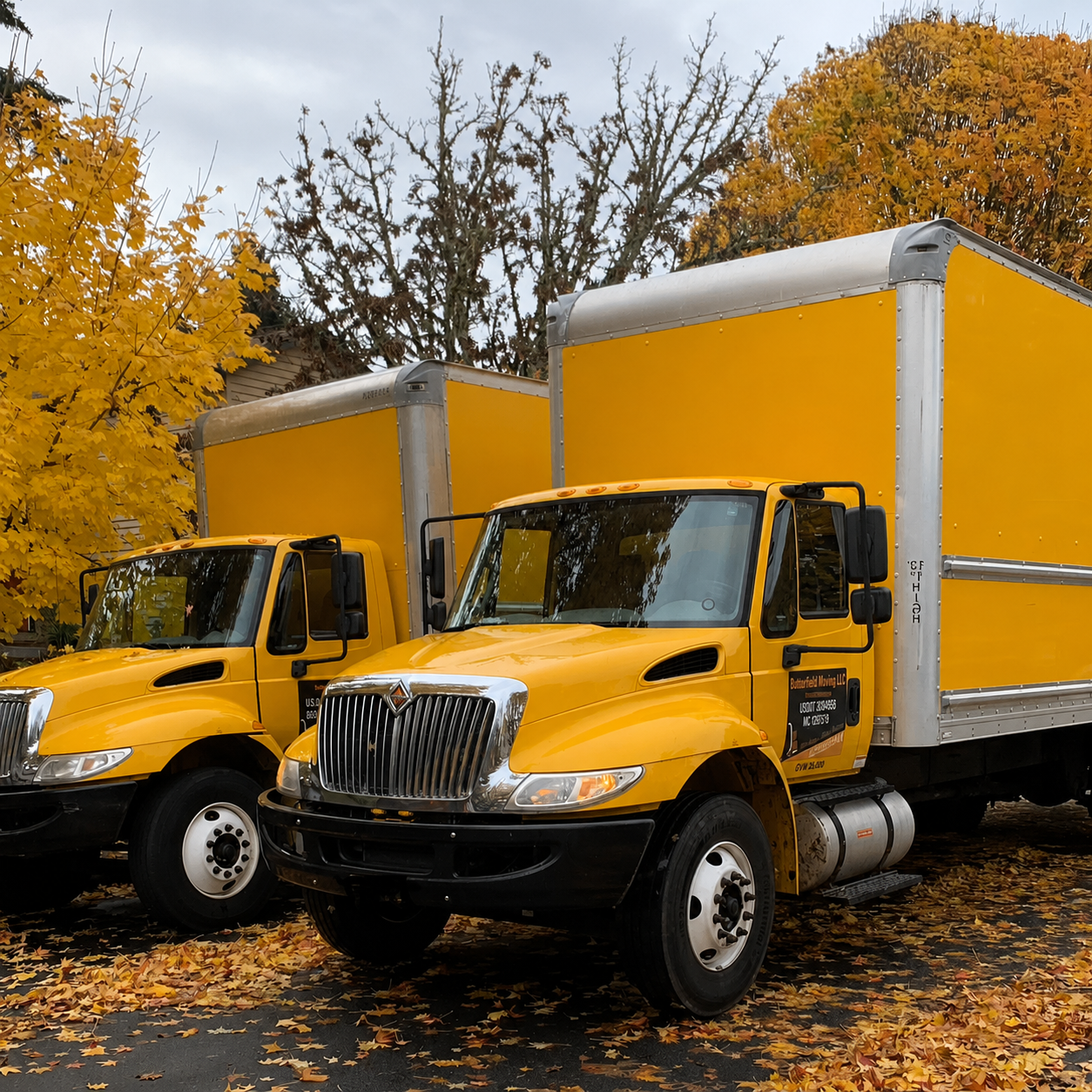 Two yellow moving trucks parked on a street with fallen leaves, autumn trees, and cloudy sky in the background.